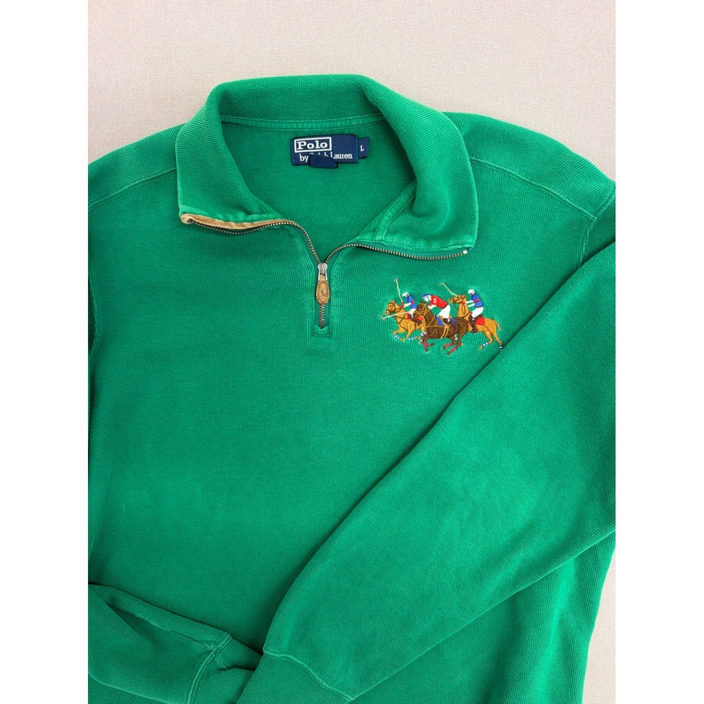 Polo Ralph Lauren Green Quarter Zip Pullover Multi Horse Embroidery Mens L